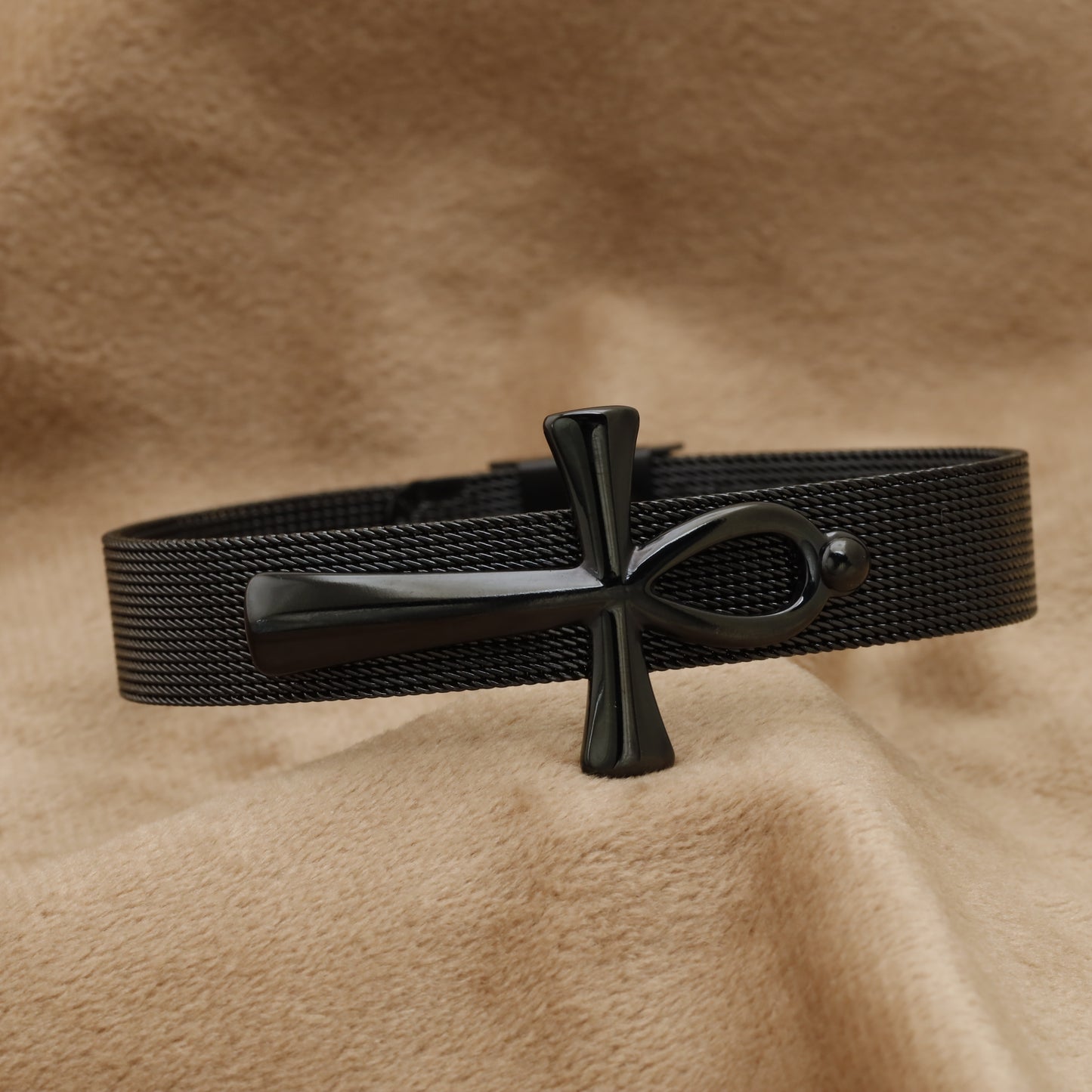 Black Ankh Cross Mesh Bracelet B24