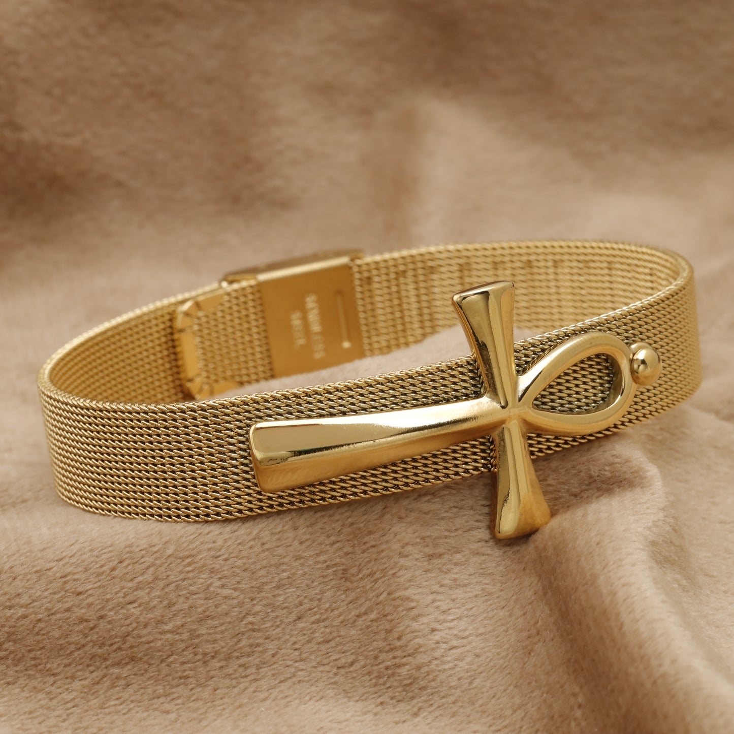 Gold Ankh Cross Mesh Bracelet B25