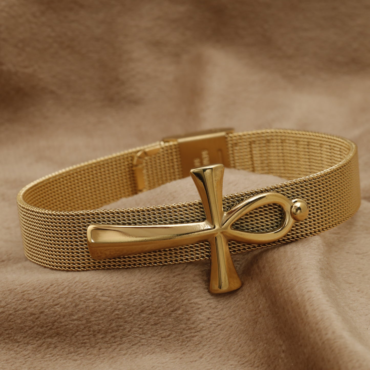 Gold Ankh Cross Mesh Bracelet B25