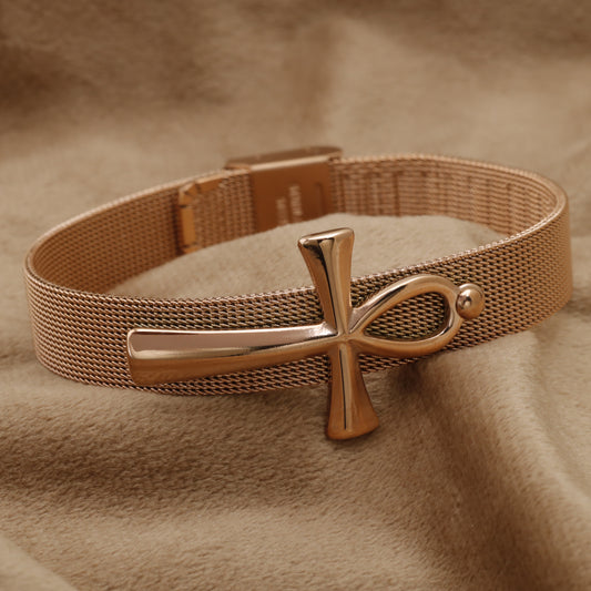 Rose Gold Ankh Cross Mesh Bracelet B26