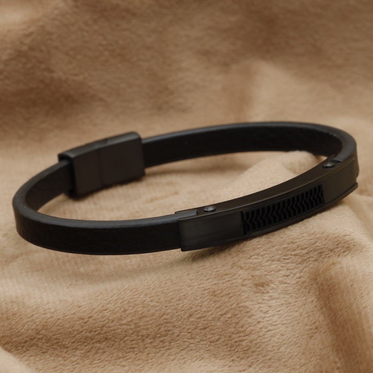 Black Natural Leather & Stainless Steel Bracelet B28