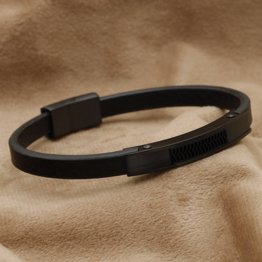 Black Natural Leather & Stainless Steel Bracelet B28