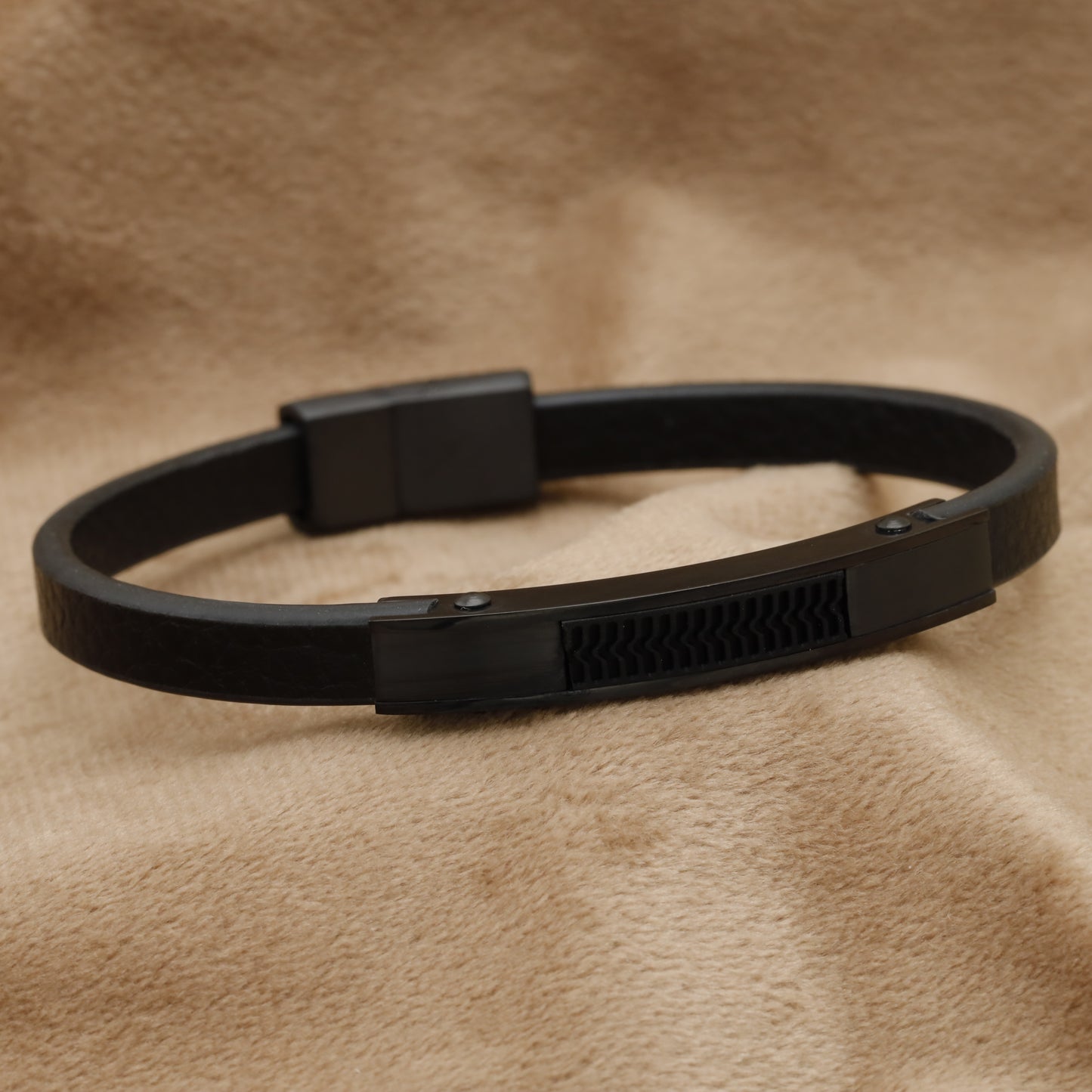 Black Natural Leather & Stainless Steel Bracelet B28