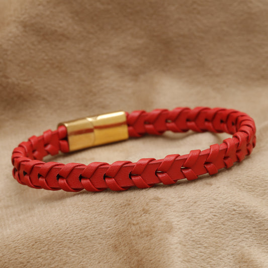 Red Natural Leather & Stainless Steel Bracelet B30