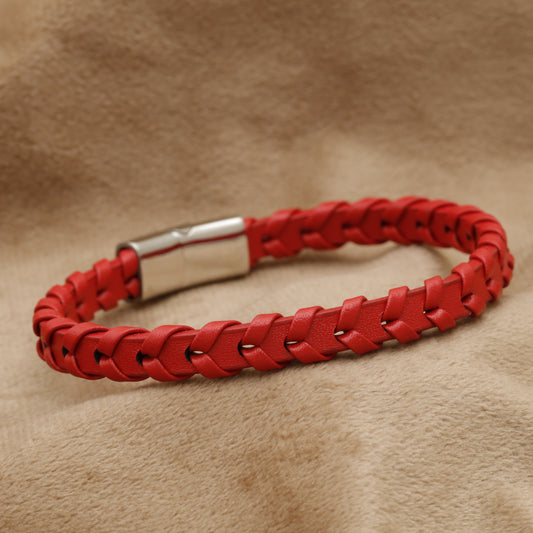 Red Natural Leather & Stainless Steel Bracelet B31