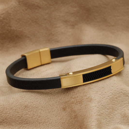 Black Natural Leather & Gold Stainless Steel Bracelet B32