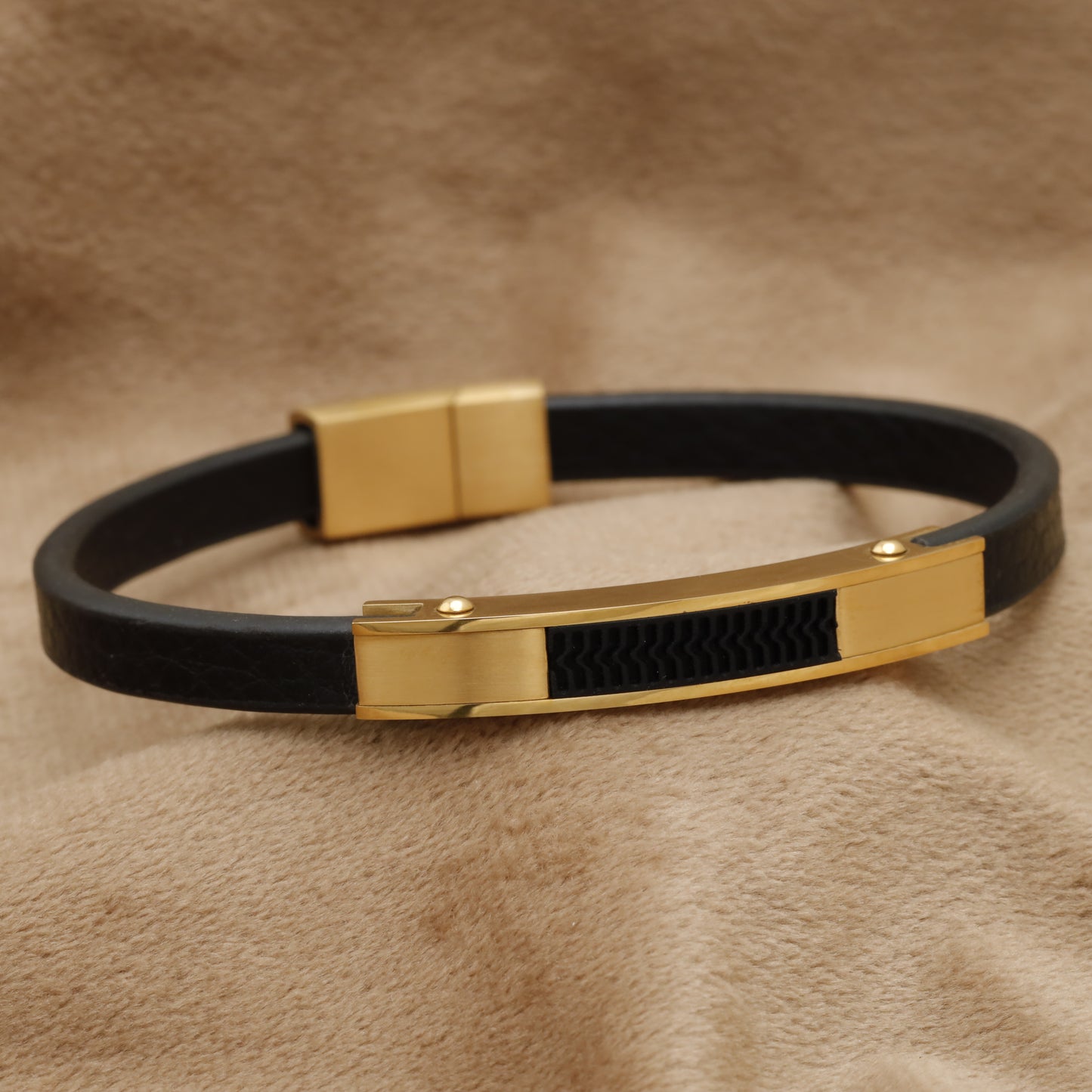 Black Natural Leather & Gold Stainless Steel Bracelet B32