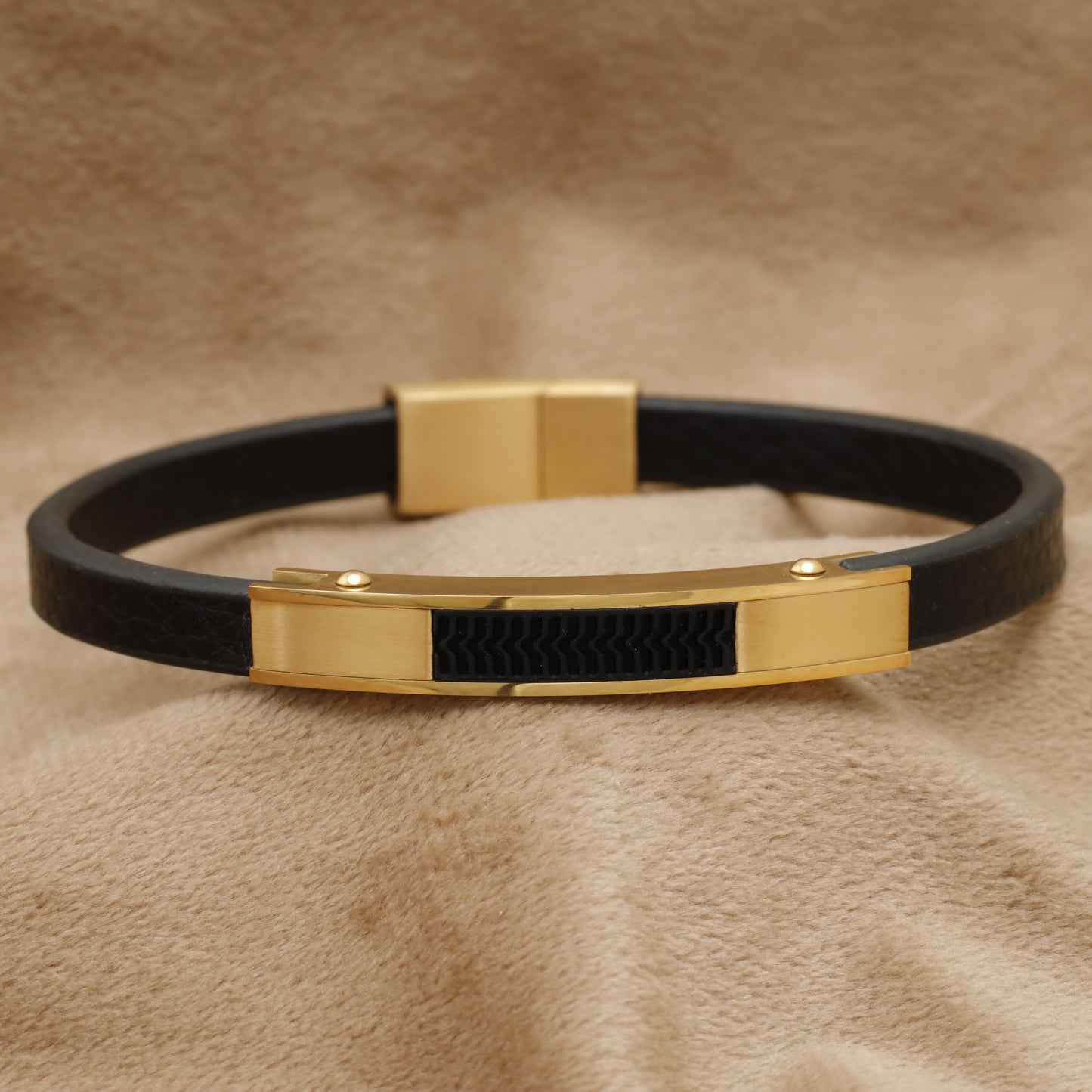 Black Natural Leather & Gold Stainless Steel Bracelet B32
