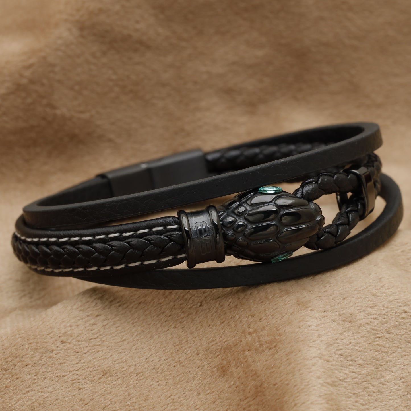 Black Natural Leather & Stainless Steel Bracelet B33