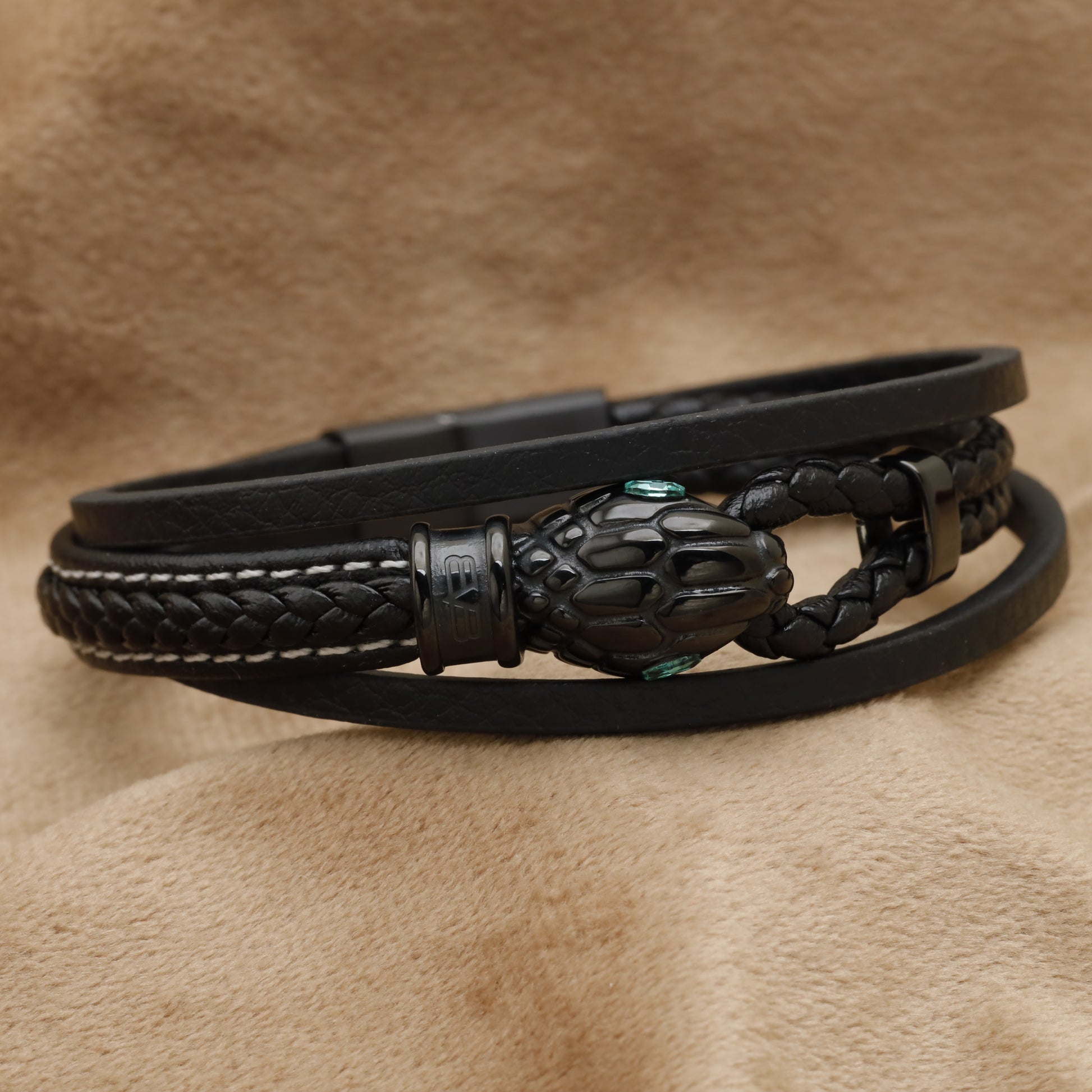 Multi-Layer Black Leather Bracelet with Snake Charm and Green Eyes B33 - Front View