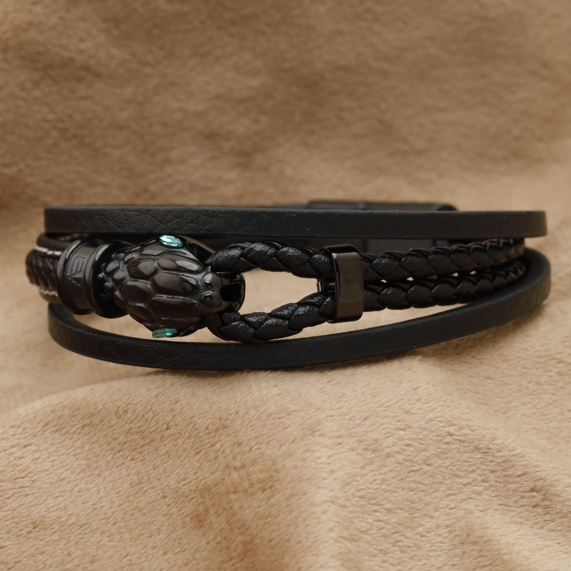 Multi-Layer Black Leather Bracelet with Snake Charm B33 - Top View
