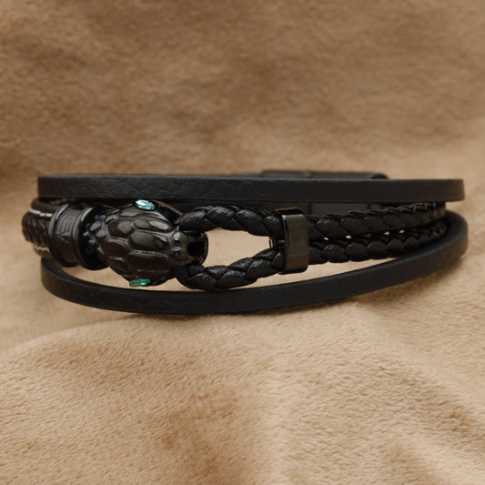 Multi-Layer Black Leather Bracelet with Snake Charm B33 - Top View