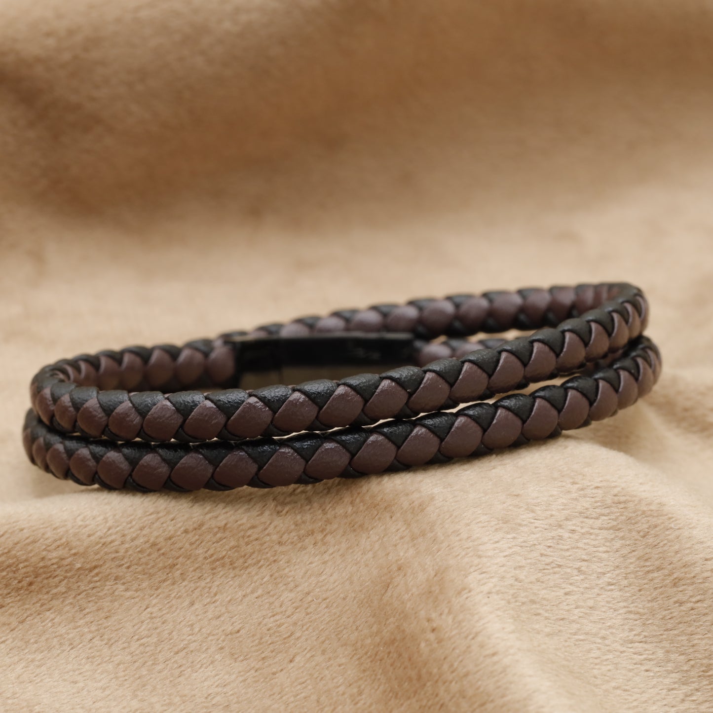 Dark Brown Double Wrap Braided Leather Bracelet with Black Clasp B94