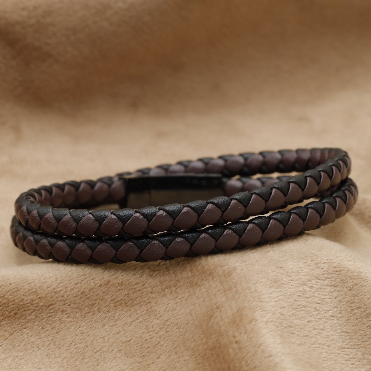 Dark Brown Double Wrap Braided Leather Bracelet with Black Clasp B94
