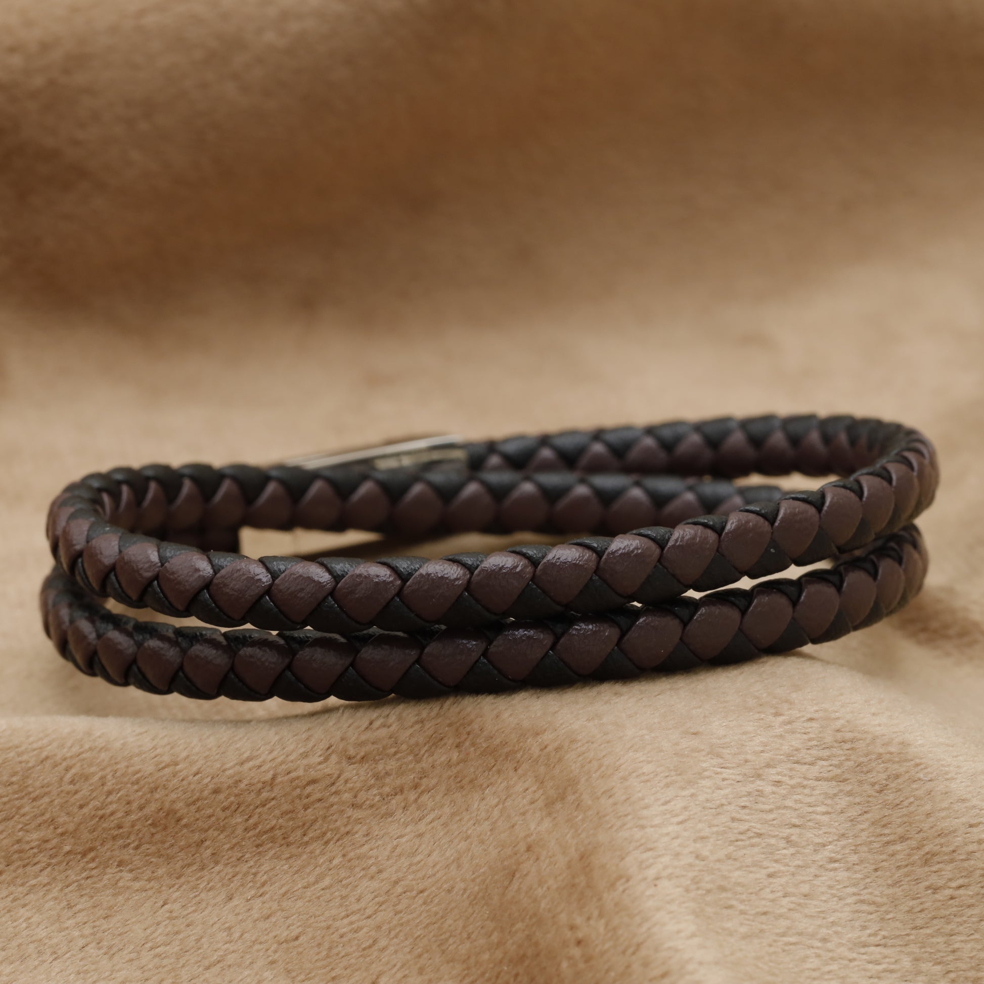 Dark Brown Double Wrap Braided Leather Bracelet with Silver Clasp B95
