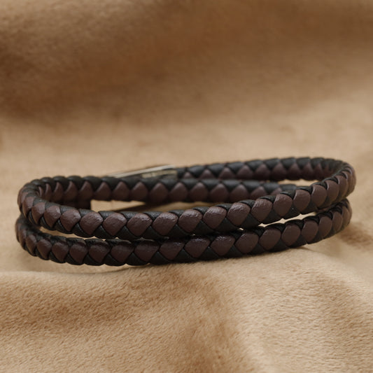 Dark Brown Double Wrap Braided Leather Bracelet with Silver Clasp B95