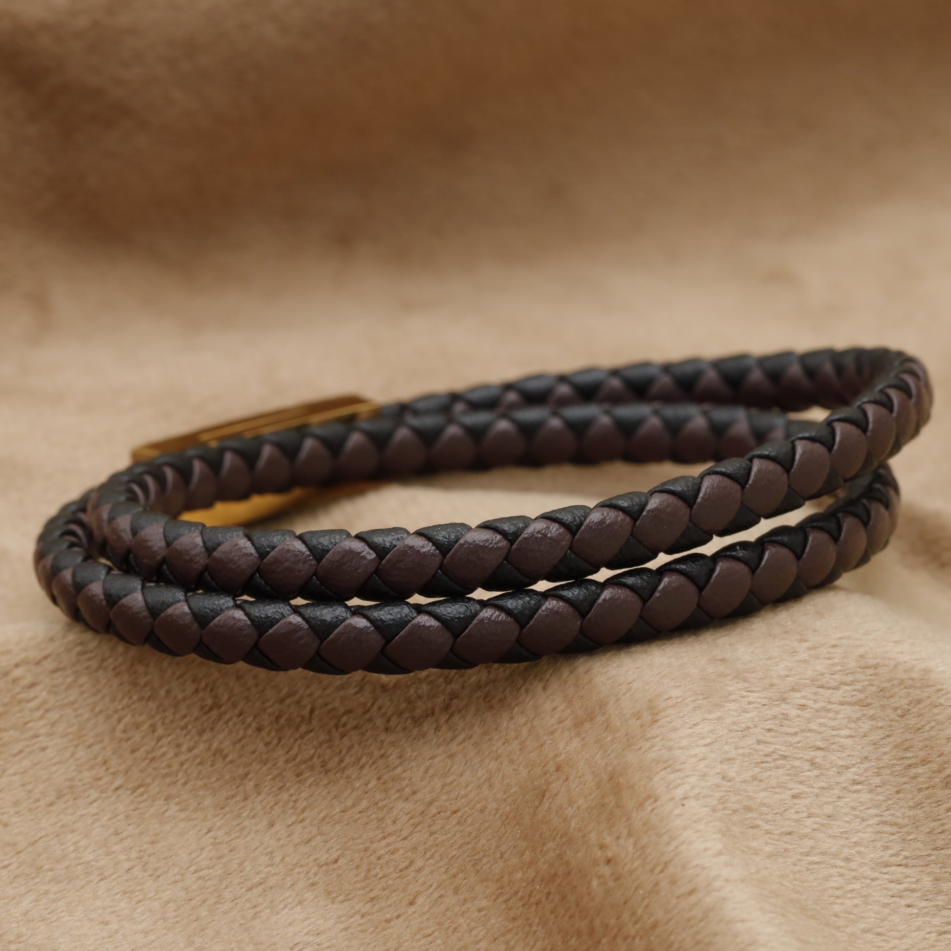 Dark Brown Double Wrap Braided Leather Bracelet with Gold Clasp B92