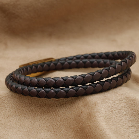 Dark Brown Double Wrap Braided Leather Bracelet with Gold Clasp B92