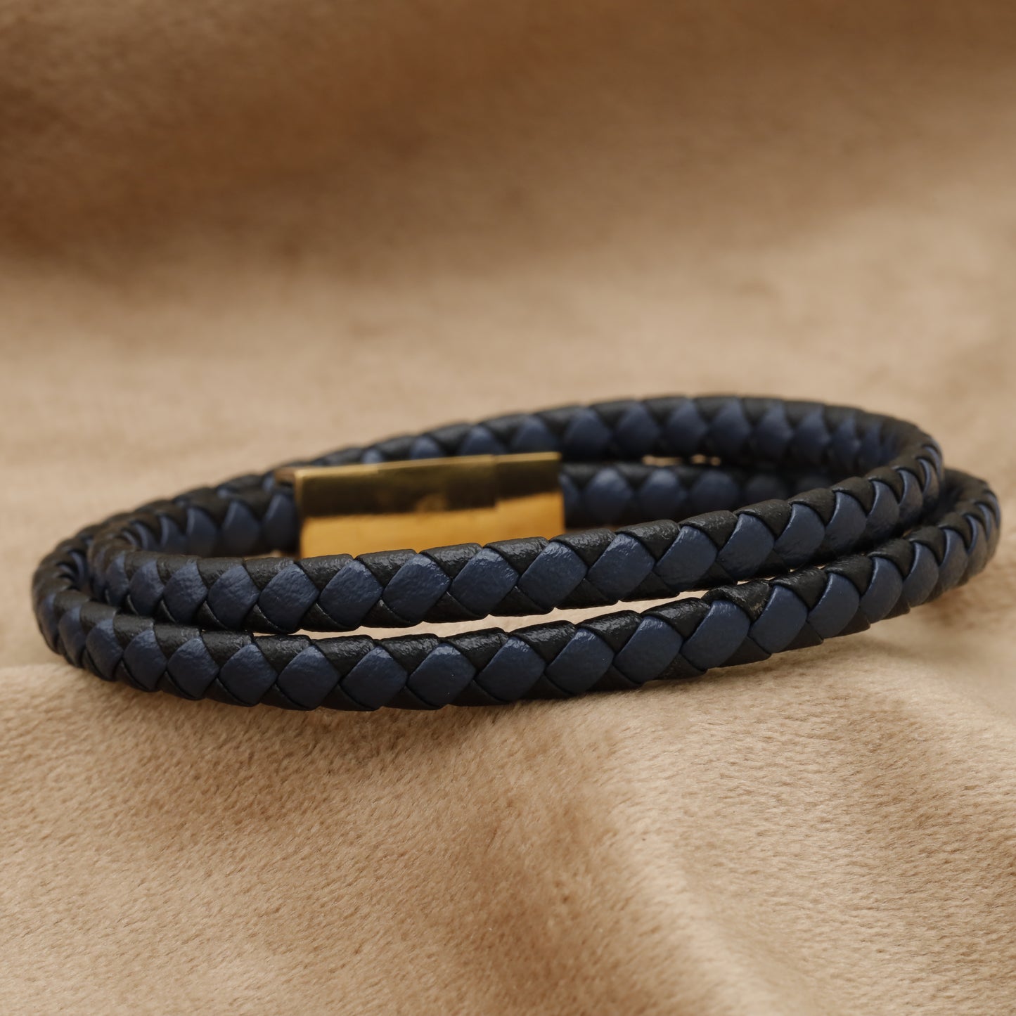 Navy Blue Double Wrap Braided Leather Bracelet with Gold Clasp B96