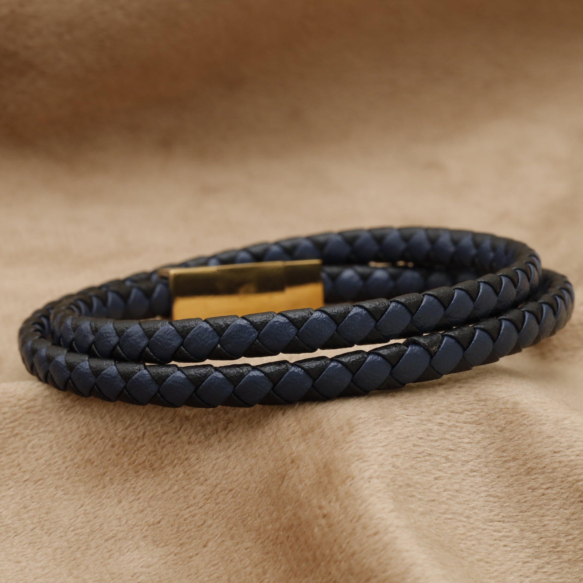 Navy Blue Double Wrap Braided Leather Bracelet with Gold Clasp B96