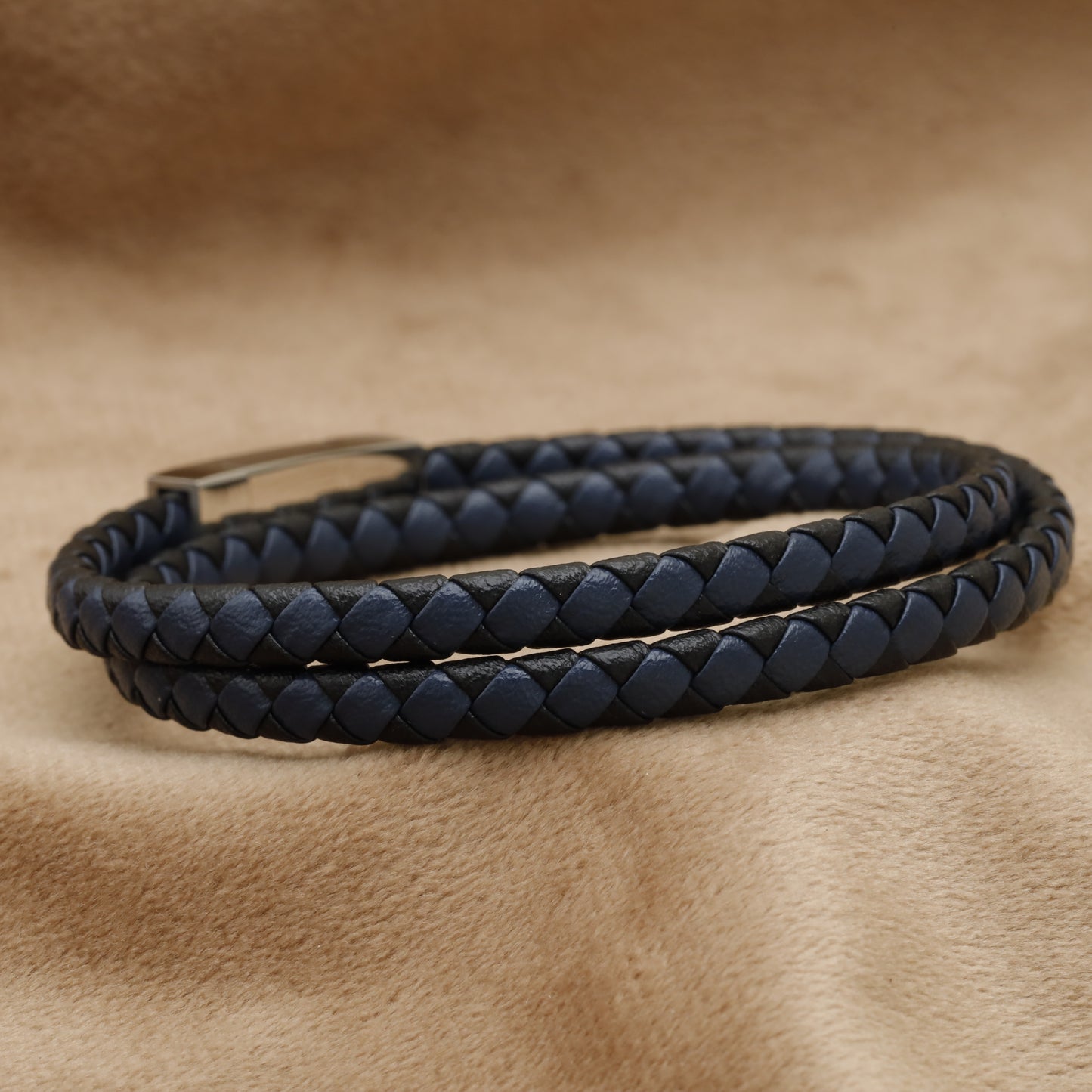 Navy Blue Double Wrap Braided Leather Bracelet with Silver Clasp B92
