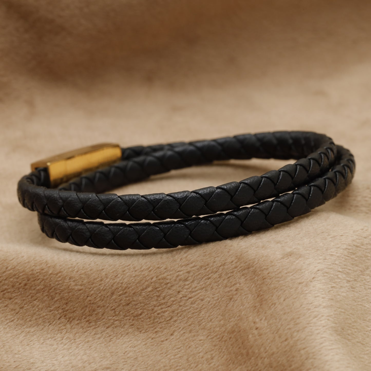 Black Double Wrap Braided Leather Bracelet with Gold Clasp B98