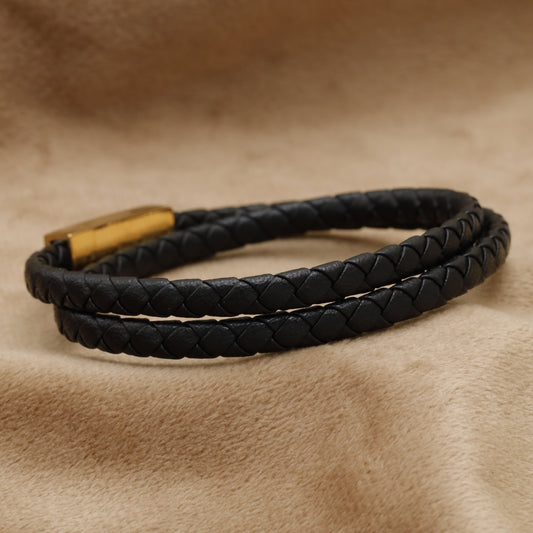 Black Double Wrap Braided Leather Bracelet with Gold Clasp B98