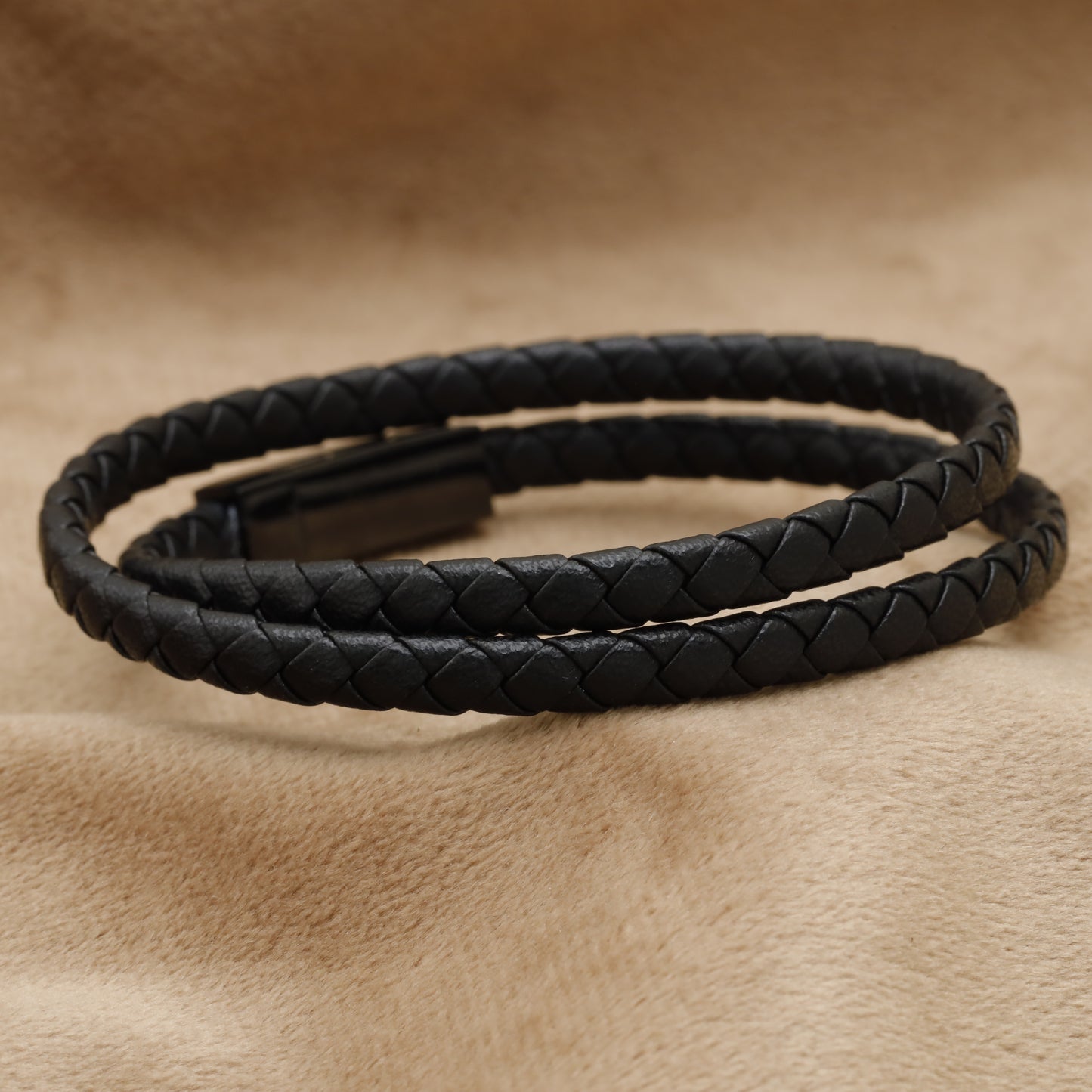 Black Double Wrap Braided Leather Bracelet with Black Clasp B97