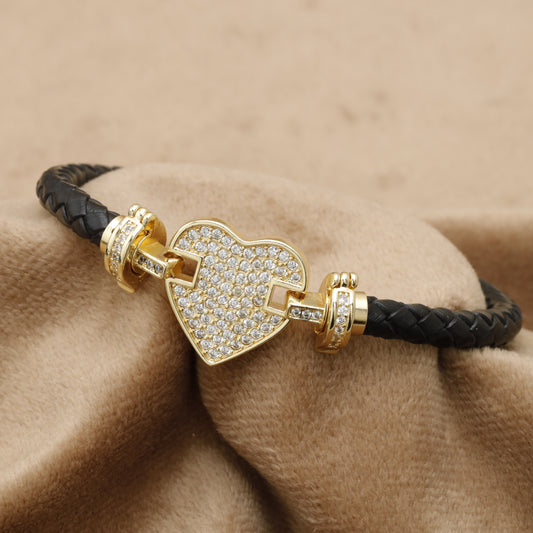 Black Braided Leather Bracelet – Gold Crystal Heart Clasp | KAR80