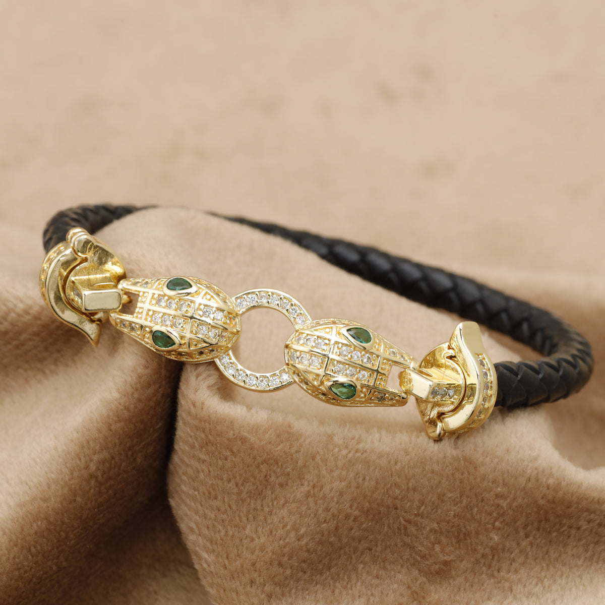 Black Braided Leather Bracelet – Gold Double Panther Head Crystal Clasp | KAR40