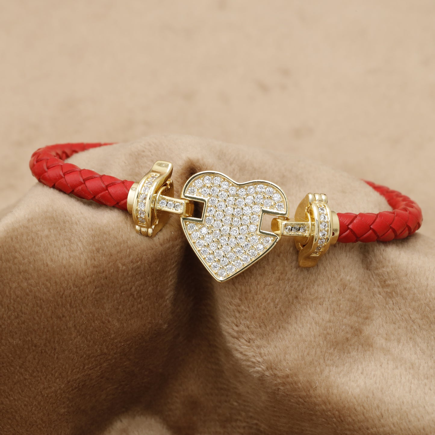 Red Braided Leather Bracelet – Gold Crystal Heart Clasp | KAR64