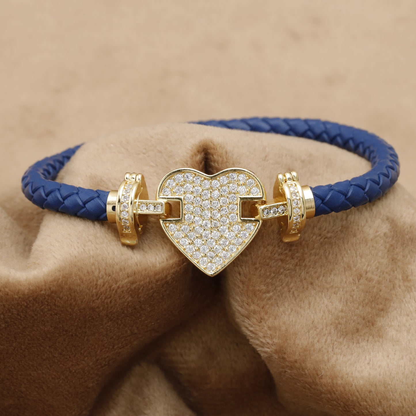 Blue Braided Leather Bracelet – Gold Crystal Heart Clasp | KAR65