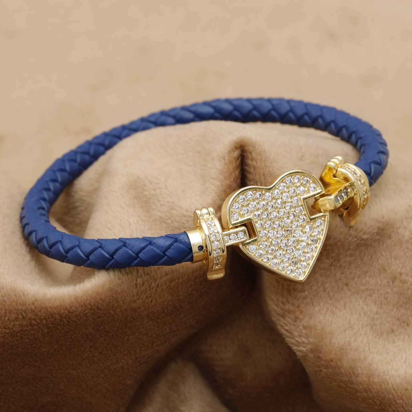 Blue Braided Leather Bracelet – Gold Crystal Heart Clasp | KAR65