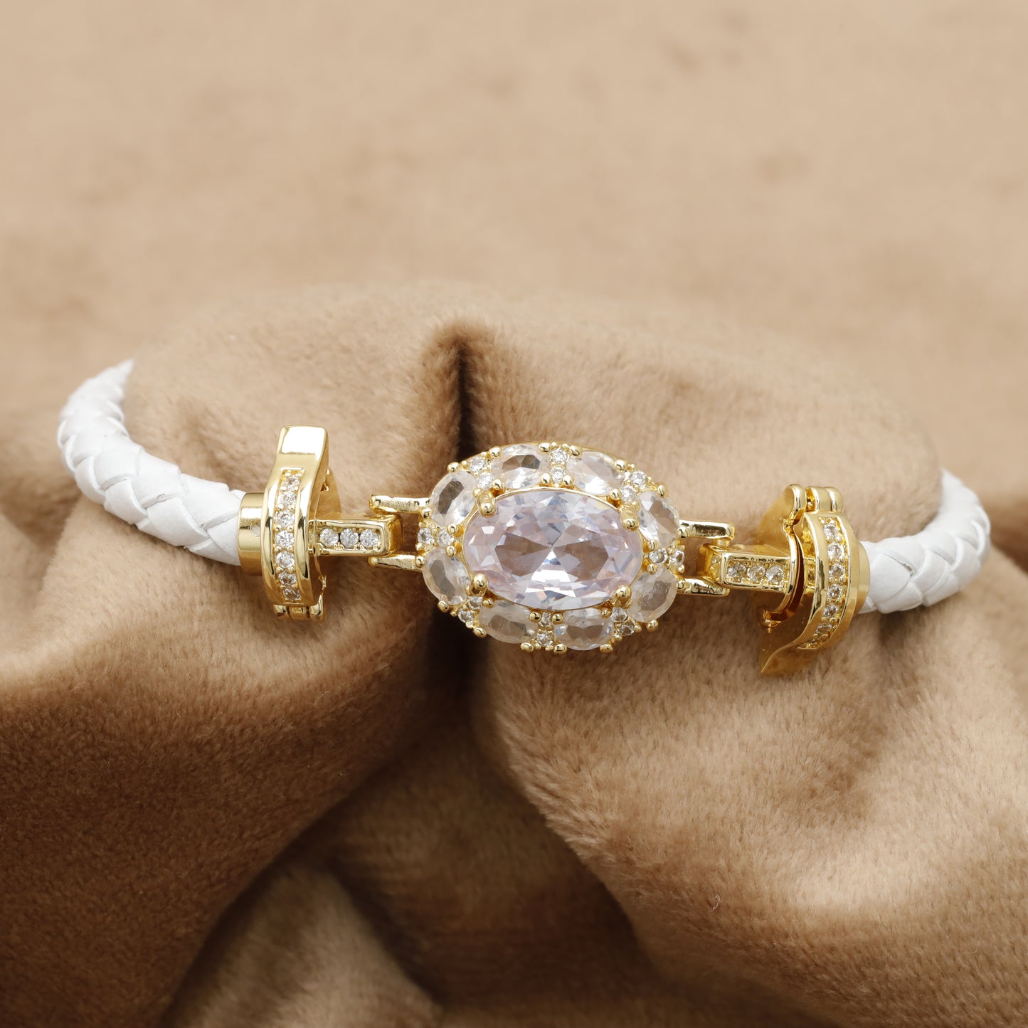 White Braided Leather Bracelet – Gold Large Oval Crystal Statement Clasp | KAR66