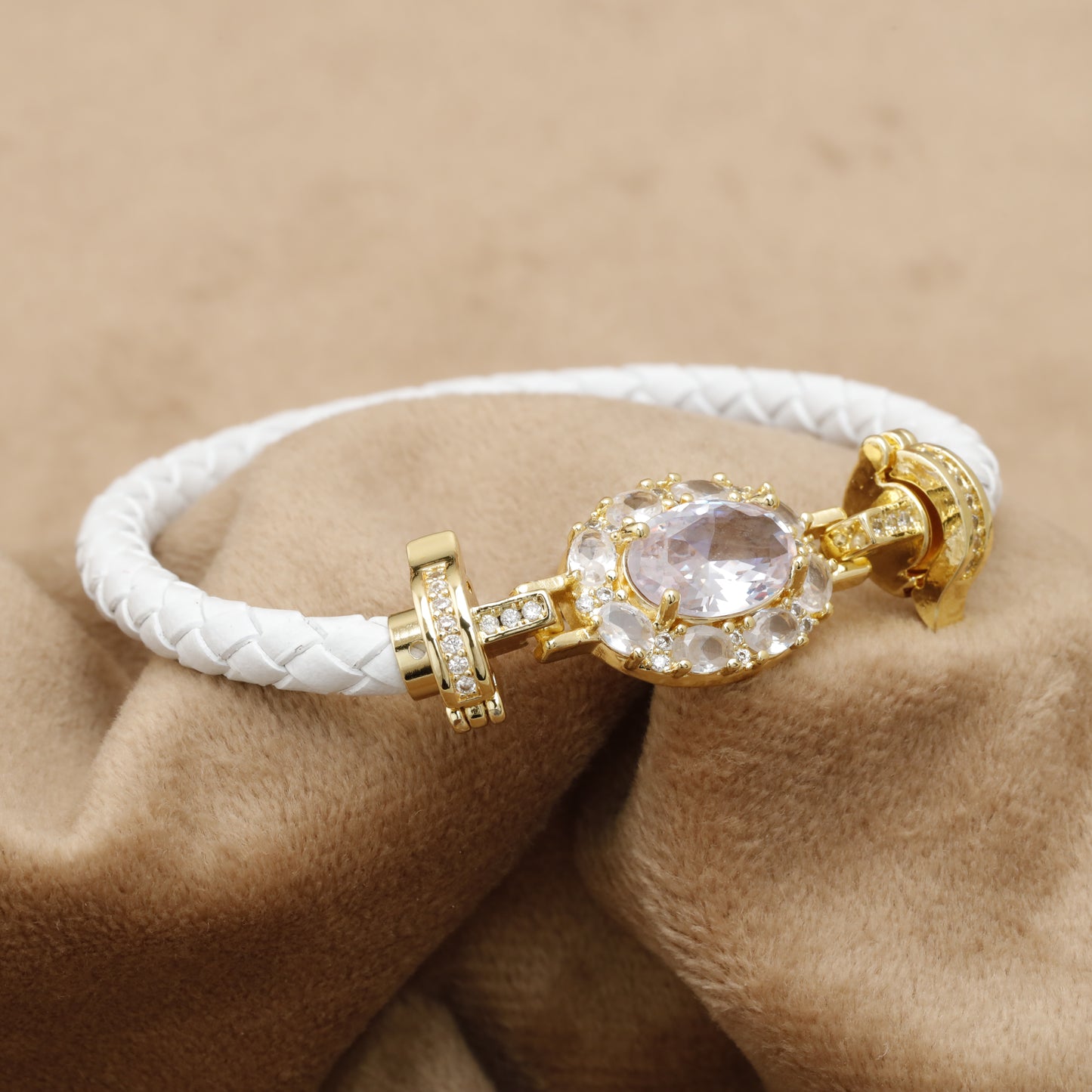 White Braided Leather Bracelet – Gold Large Oval Crystal Statement Clasp | KAR66