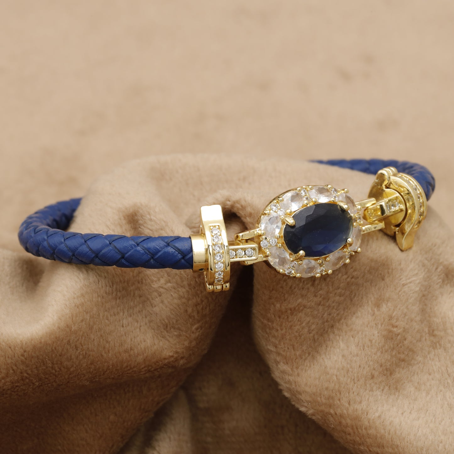 Blue Braided Leather Bracelet – Gold Sapphire & White Crystal Oval Clasp | KAR69