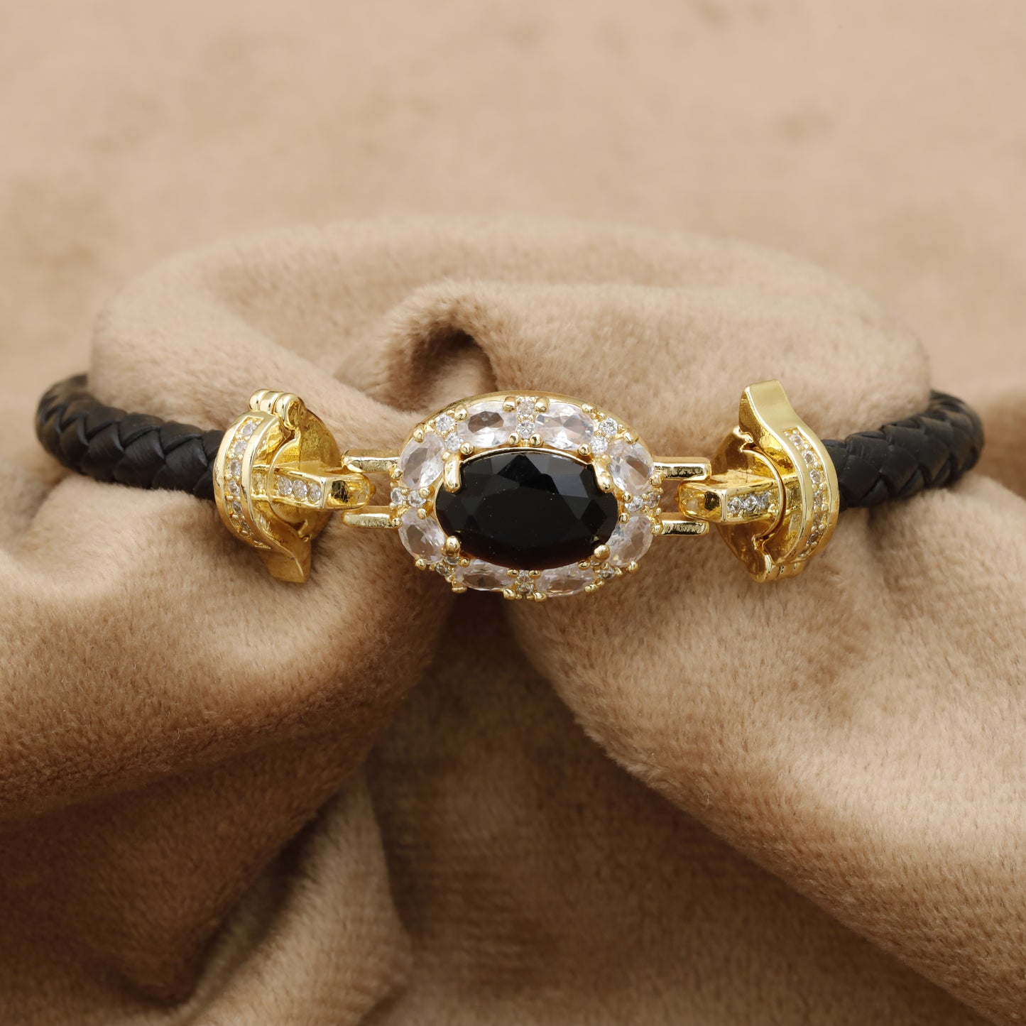 Black Braided Leather Bracelet – Gold Black Onyx & White Crystal Oval Clasp | KAR70