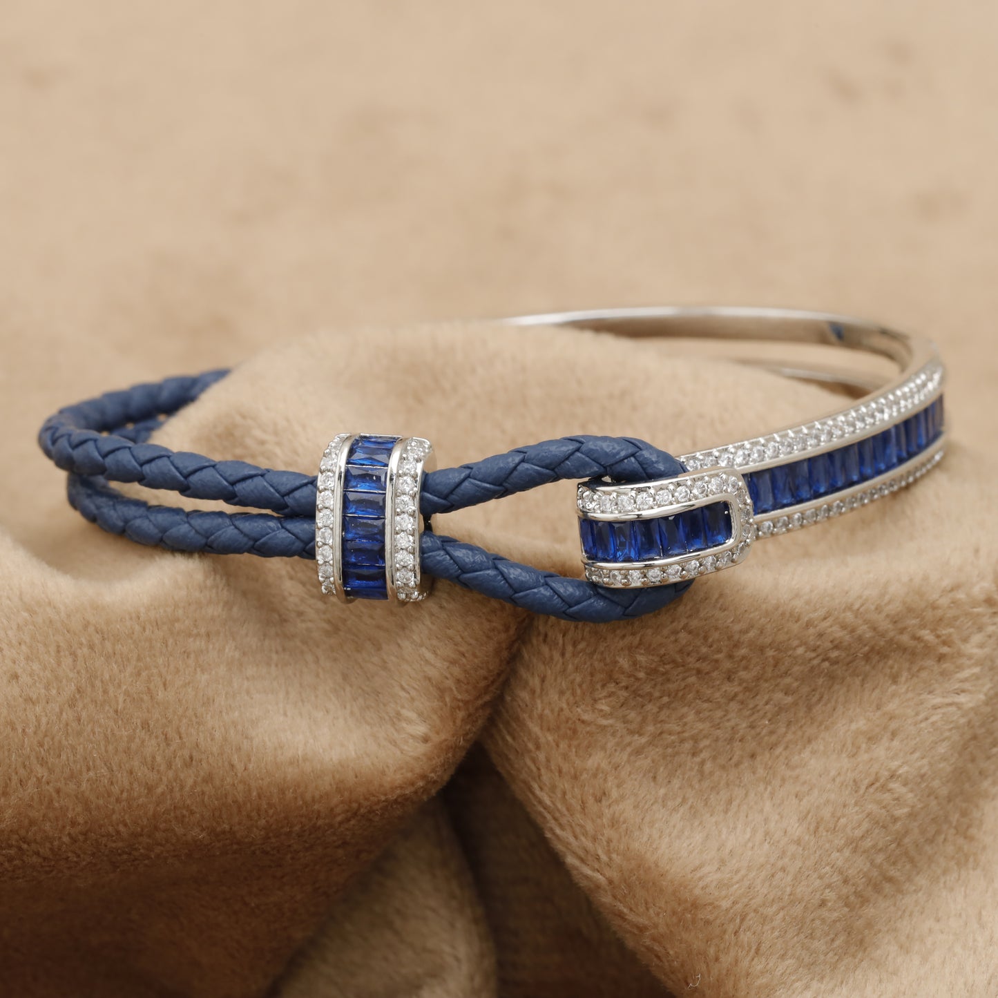 Blue Braided Leather Bracelet – Silver Sapphire Baguette & Crystal Bar Clasp | KAR71
