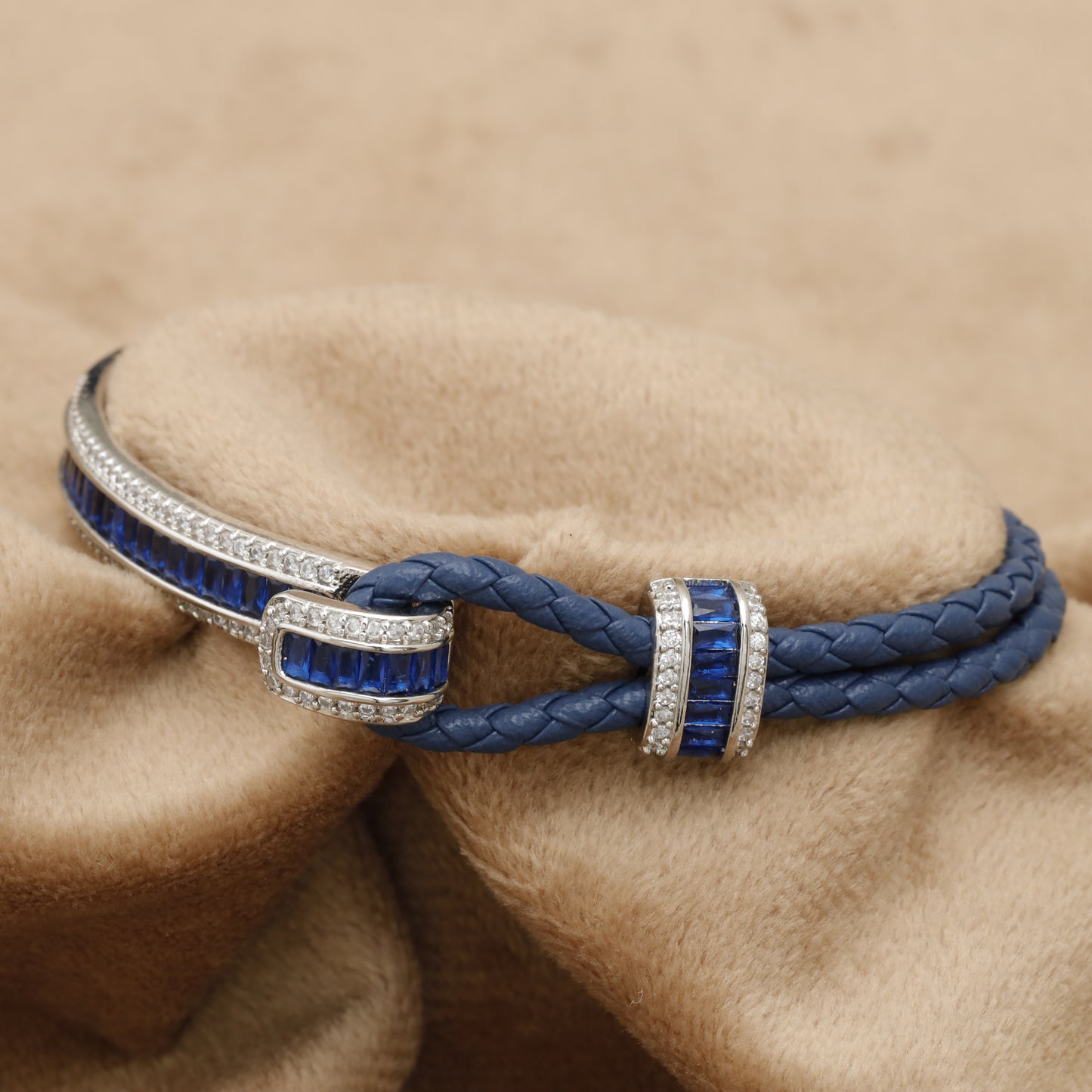 Blue Braided Leather Bracelet – Silver Sapphire Baguette & Crystal Bar Clasp | KAR71