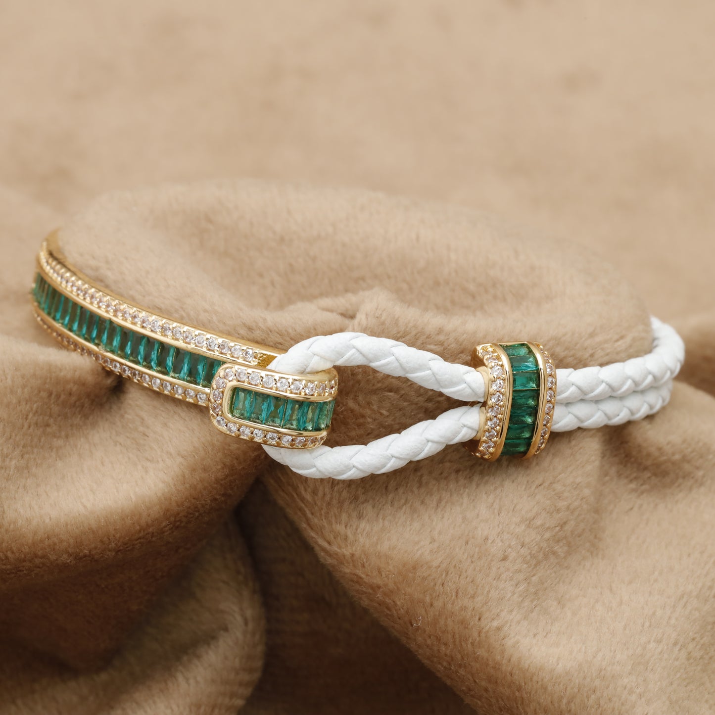 White Braided Leather Bracelet – Gold Emerald Baguette & Crystal Bar Clasp | KAR72