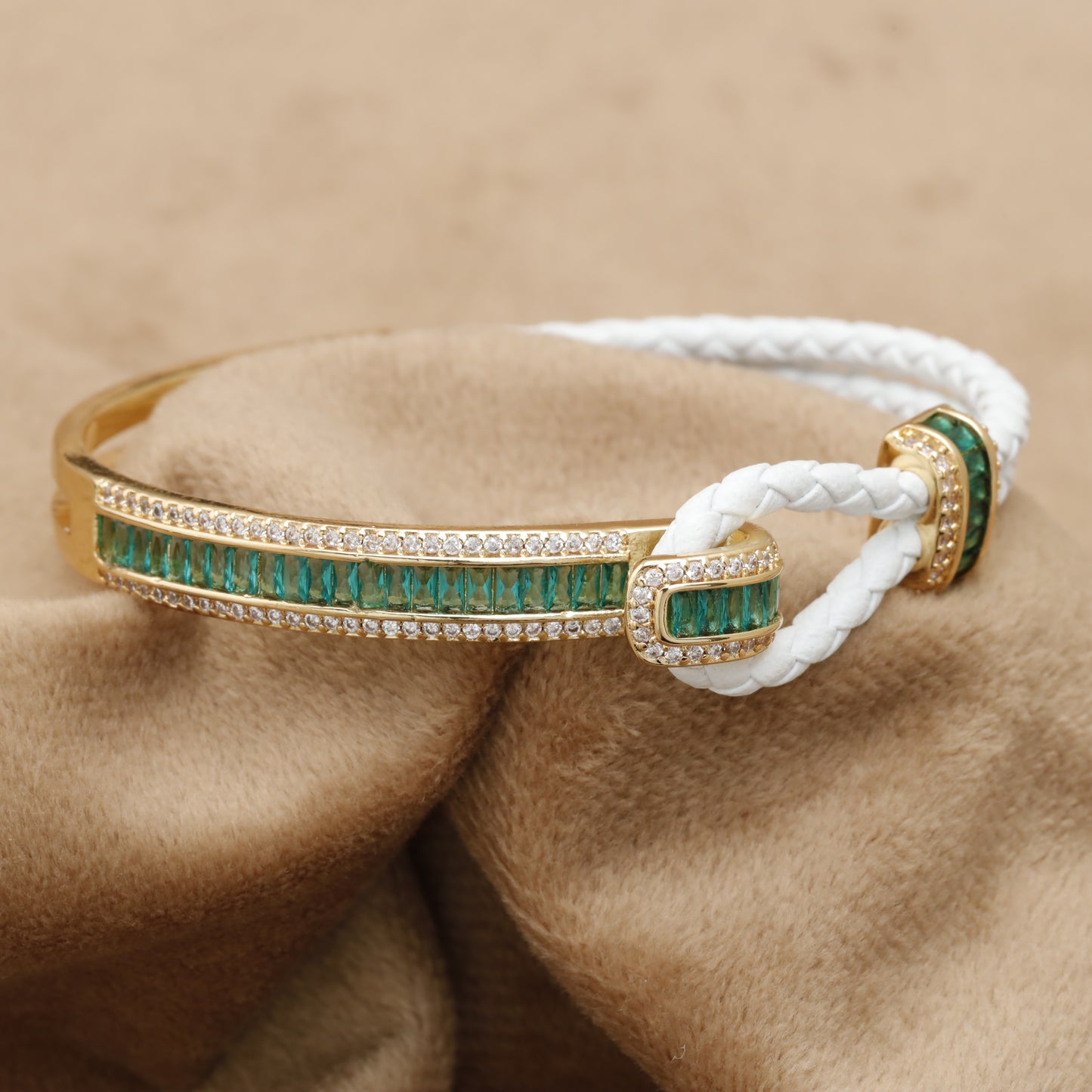White Braided Leather Bracelet – Gold Emerald Baguette & Crystal Bar Clasp | KAR72