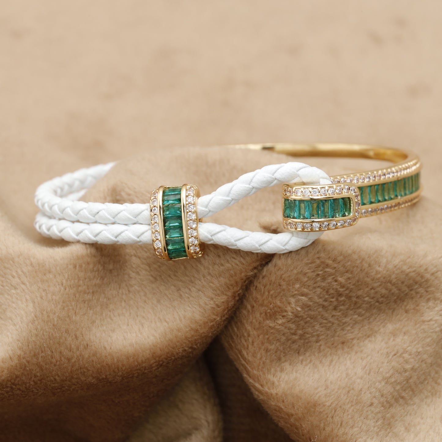 White Braided Leather Bracelet – Gold Emerald Baguette & Crystal Bar Clasp | KAR72