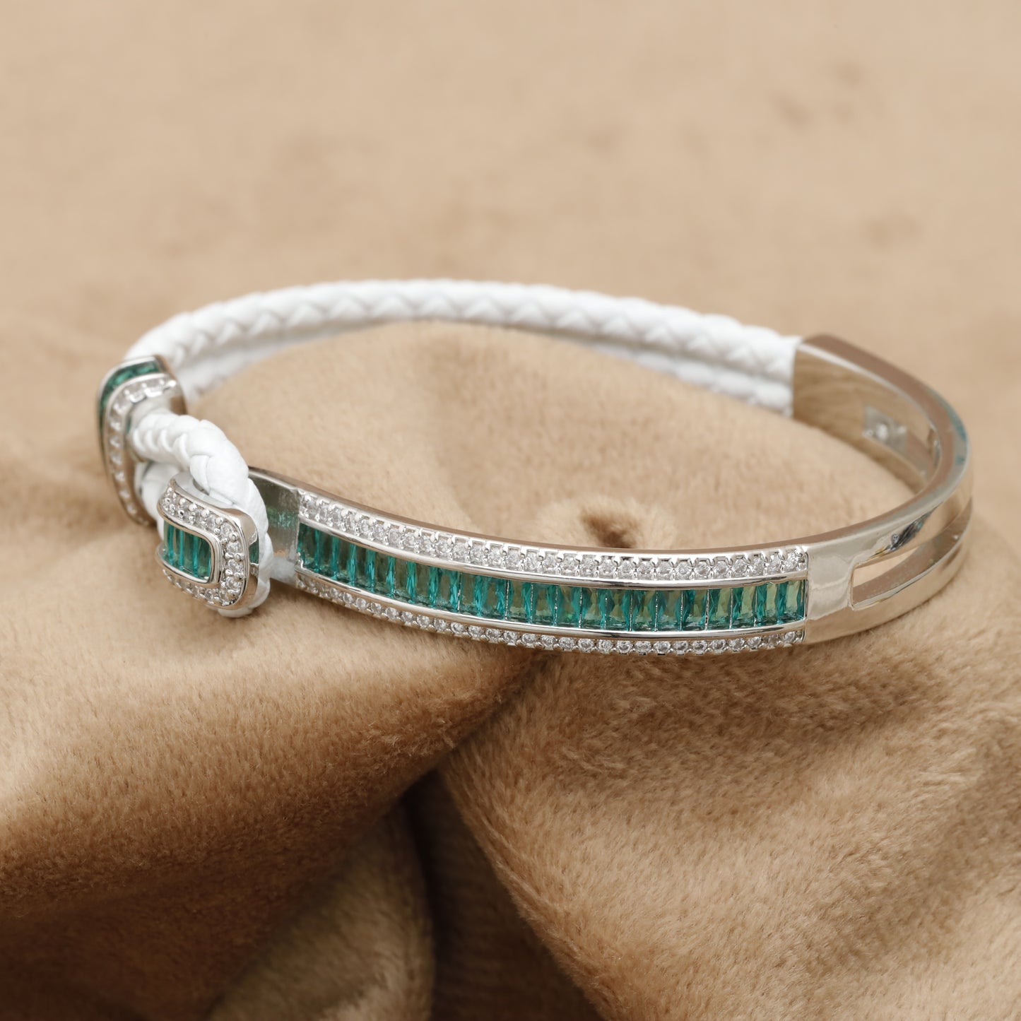 White Braided Leather Bracelet – Silver Emerald Baguette & Crystal Bar Clasp | KAR73