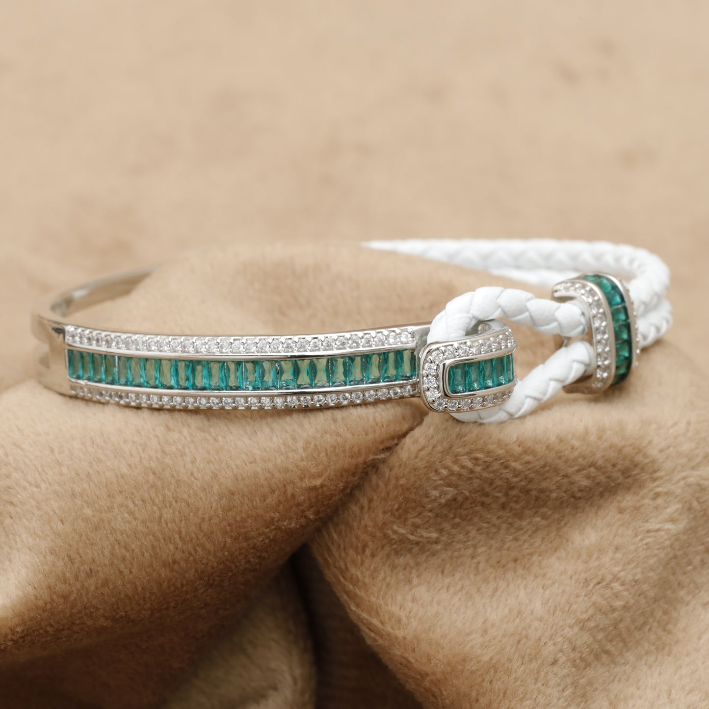 White Braided Leather Bracelet – Silver Emerald Baguette & Crystal Bar Clasp | KAR73