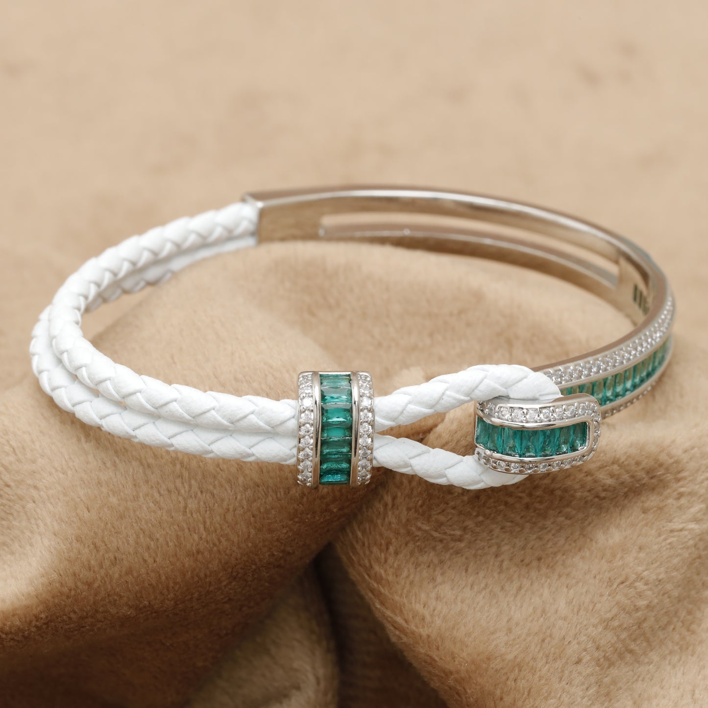 White Braided Leather Bracelet – Silver Emerald Baguette & Crystal Bar Clasp | KAR73