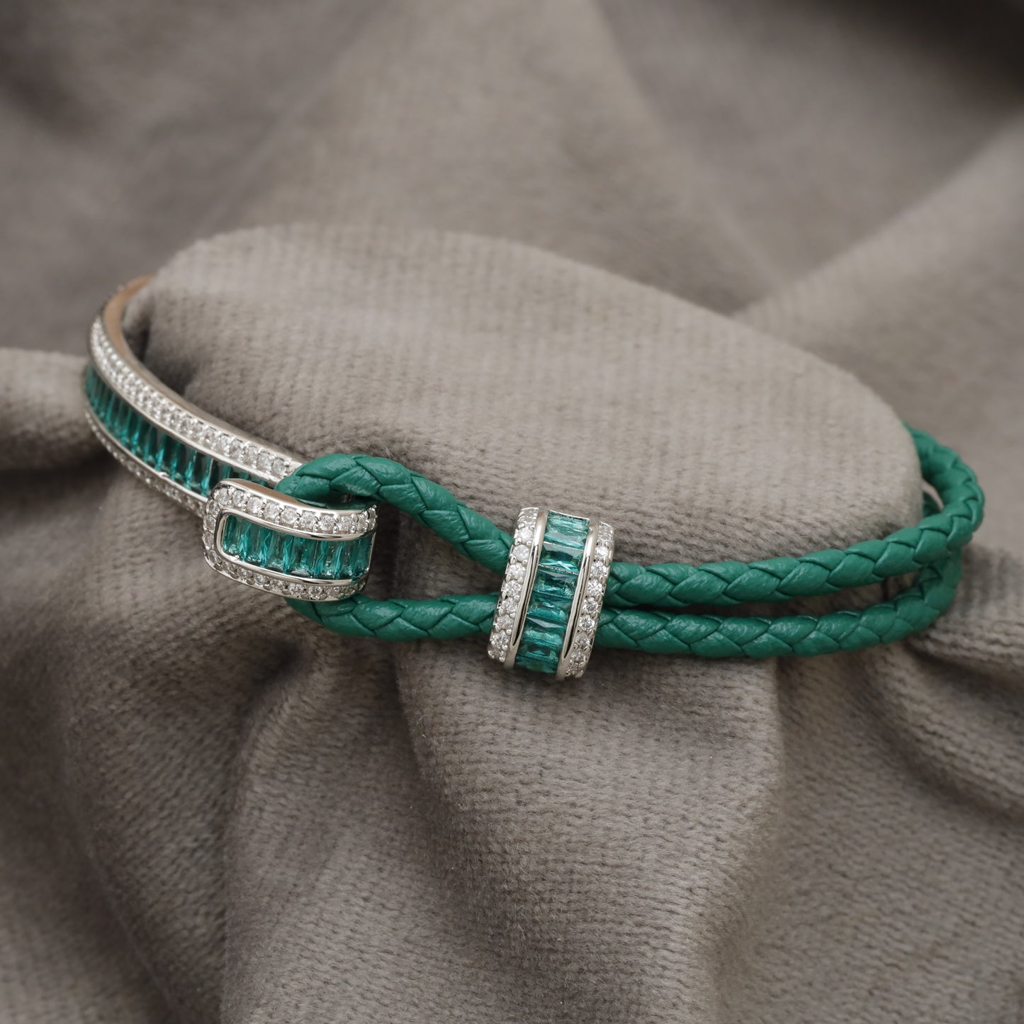 Green Braided Leather Bracelet – Silver Emerald Baguette & Crystal Bar Clasp | KAR74