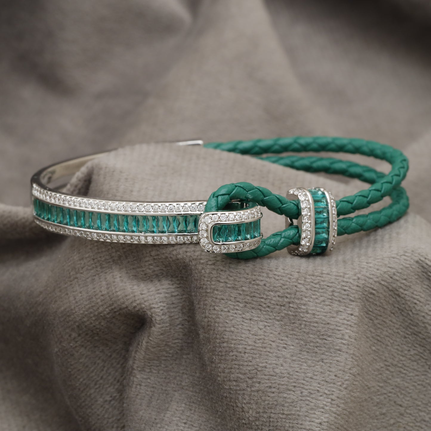 Green Braided Leather Bracelet – Silver Emerald Baguette & Crystal Bar Clasp | KAR74