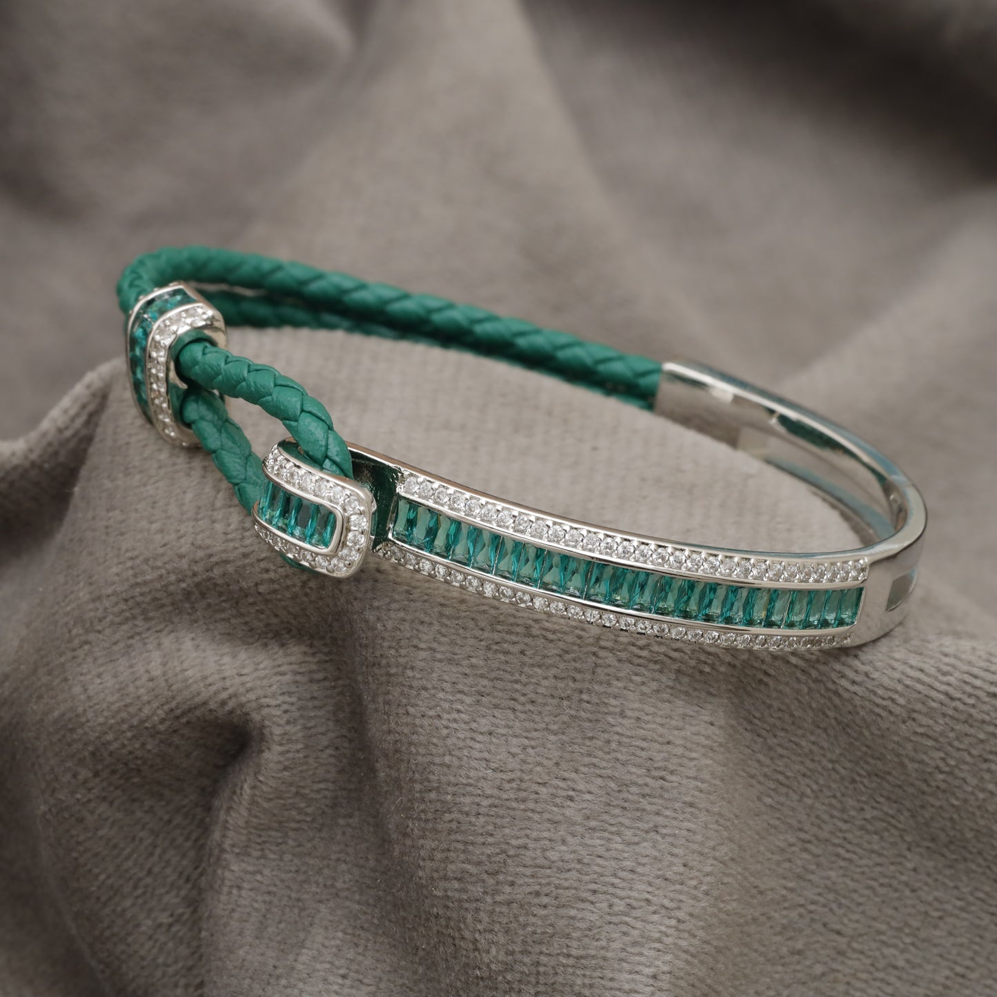 Green Braided Leather Bracelet – Silver Emerald Baguette & Crystal Bar Clasp | KAR74