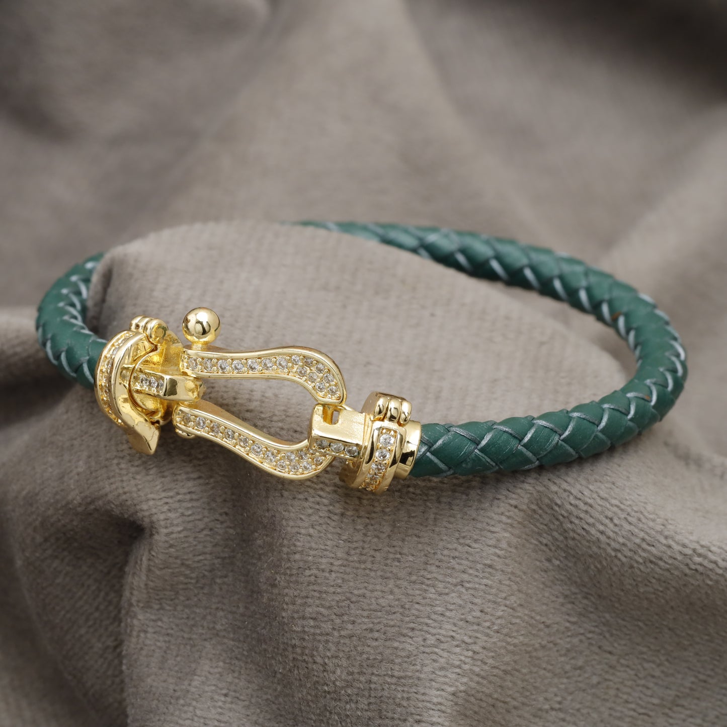 Green Braided Leather Bracelet – Gold Crystal Horseshoe Shackle Clasp | KAR75