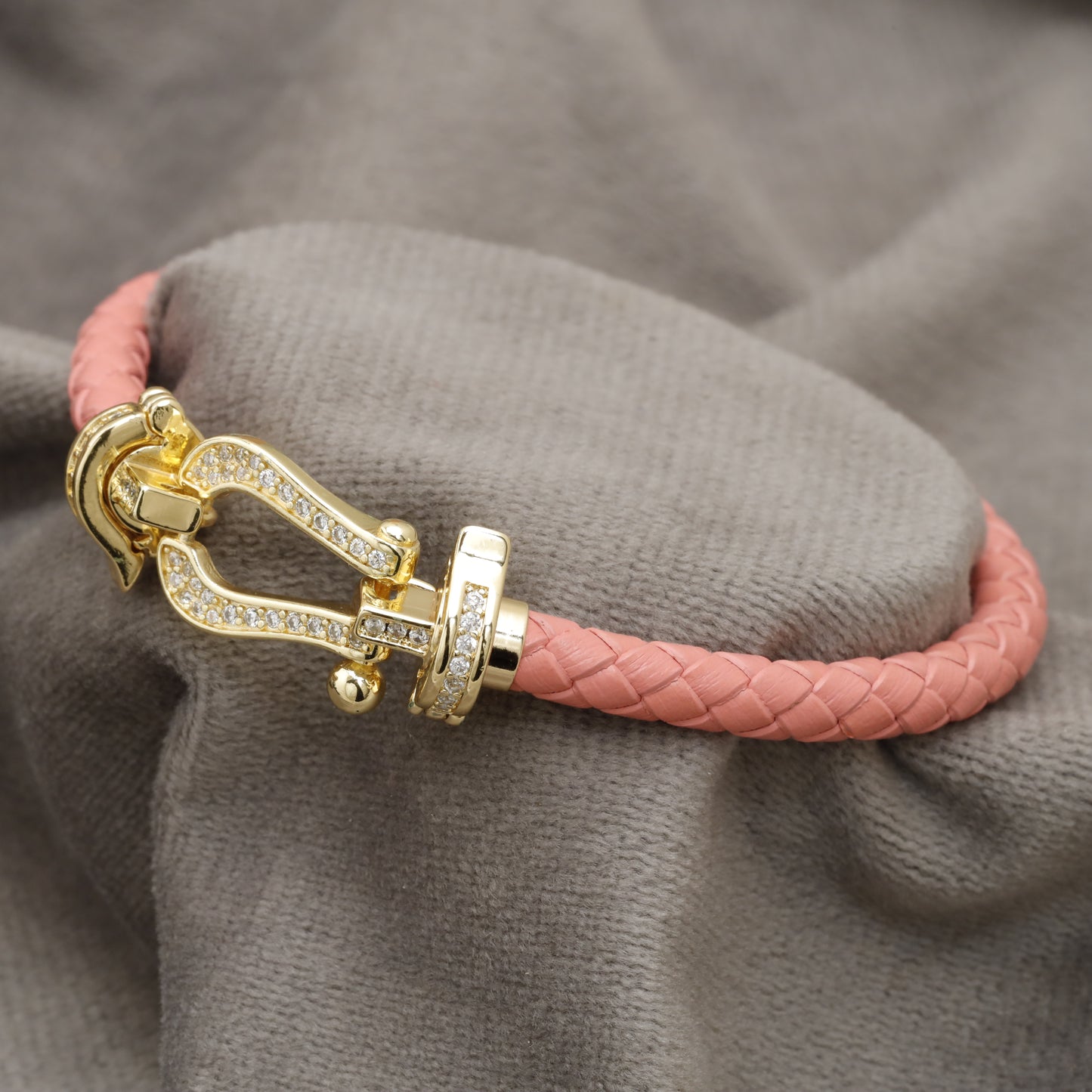 Pink Braided Leather Bracelet – Gold Crystal Horseshoe Shackle Clasp | KAR76